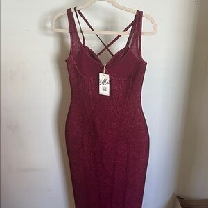 Bella Women's Burgundy Shimmer Midi Dress with Strappy Back